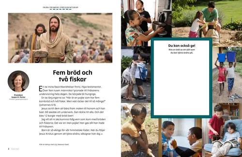 Bild av Jesus Kristus som håller i korgar med mat och bilder av barn som hjälper andra.