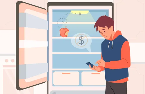 en mand står ved siden af et tomt køleskab og ser, at han ikke har nogen penge på sin bankkonto til at købe mad