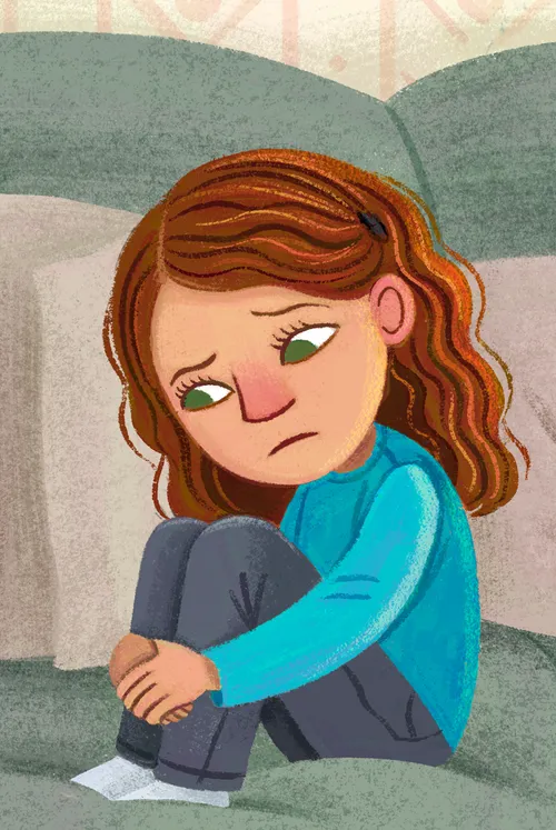 illustration of little girl sadly hugging her knees to her chest