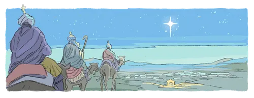 Illustration des rois mages suivant l’étoile de Noël, à dos de chameau