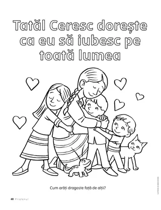 Pagină de colorat cu copii îmbrățișându-se.