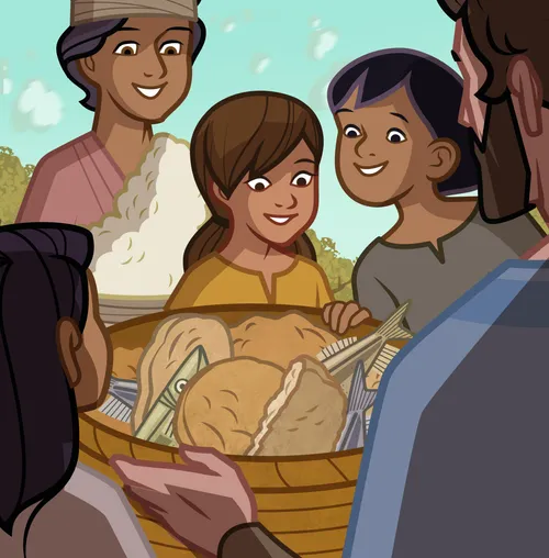 The Apostles give the food to the people.