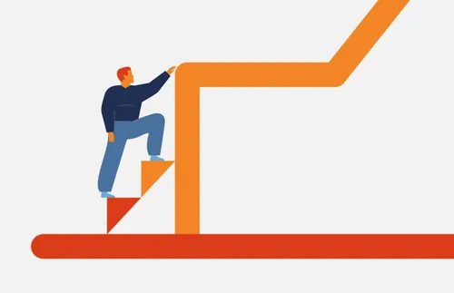 an illustration of a man struggling to get over an obstacle