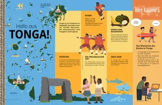 Artikel (PDF) mit einer Karte von Tonga, einer Rugbymannschaft, Haien, einem Steintor, in Tonga angebauten Lebensmitteln, lächelnden Mädchen und einem Mädchen am Computer