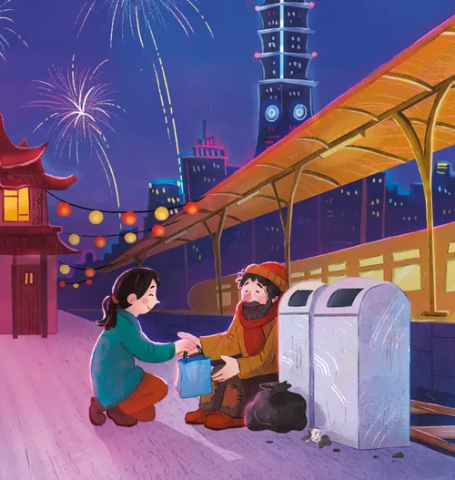 Illustration of woman kneeling to give a bag to a man sitting at a train station