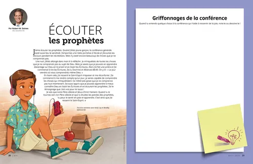 Page au format PDF montrant un garçon avec des écouteurs et contenant une activité de dessin de la conférence