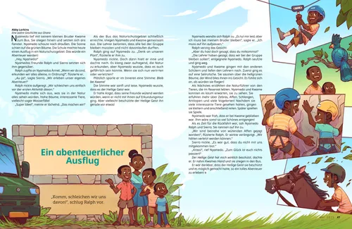 PDF mit Geschichte: Ein Junge fährt auf einer Seilrutsche, beobachtet Vögel, klettert mit seinem Bruder und reitet