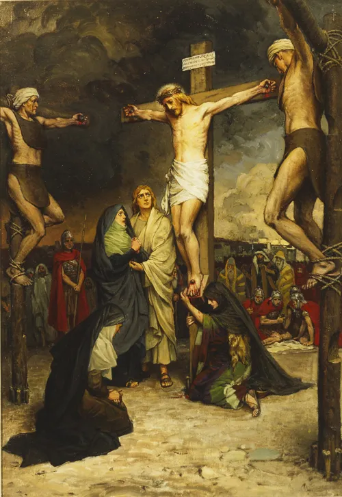 Jesus Christ and the two thieves depicted during the Crucifixion. The Apostle John is standing below the cross of Christ. Mary, the mother of Christ is standing beside John. Two other women are kneeling at the base of the cross. There are Roman soldiers and Jews standing in the background.