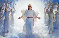 The resurrected Jesus Christ (wearing white robes with a magenta sash) standing above a large gathering of clouds. Christ has His arms partially extended. The wounds in the hands of Christ are visible.