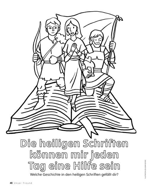 PDF/Ausmalbild: Aus einem Buch heiliger Schrift kommen Menschen heraus, von denen man darin lesen kann