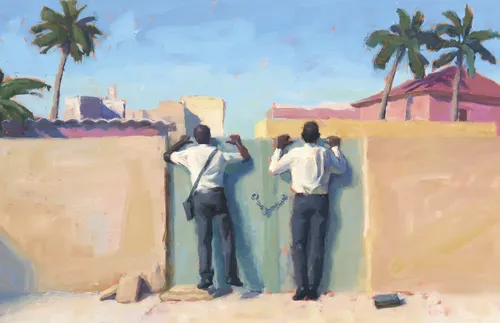 missionaries looking over fence