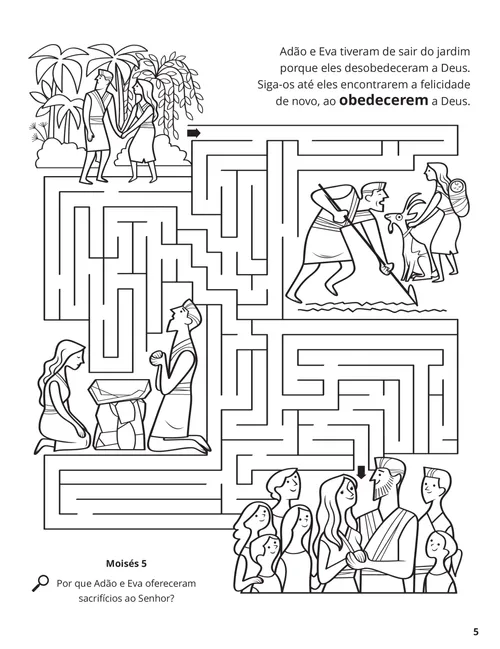Página em PDF para colorir com cenas da vida de Adão e Eva, além de uma atividade de labirinto