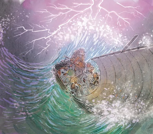 A storm tipping the boat with Jesus and His disciples