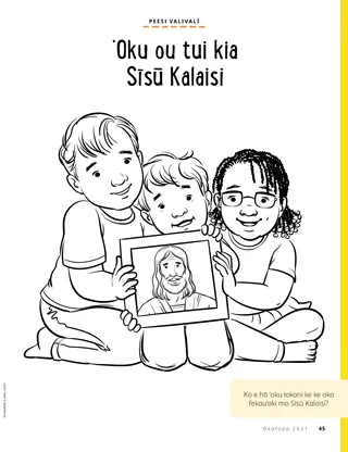 coloring page of children holding picture of Jesus