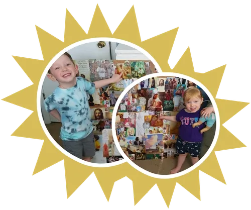 Benson and Ruby Beckert showing the collage of Jesus using old Friend and Ensign magazines