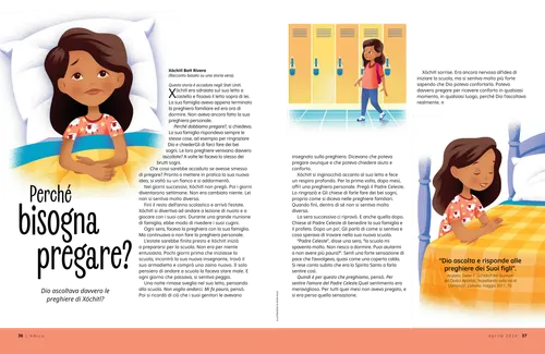 PDF della pagina con illustrazioni di una bambina sveglia a letto, che cammina vicino agli armadietti della scuola e che si inginocchia accanto al letto per pregare