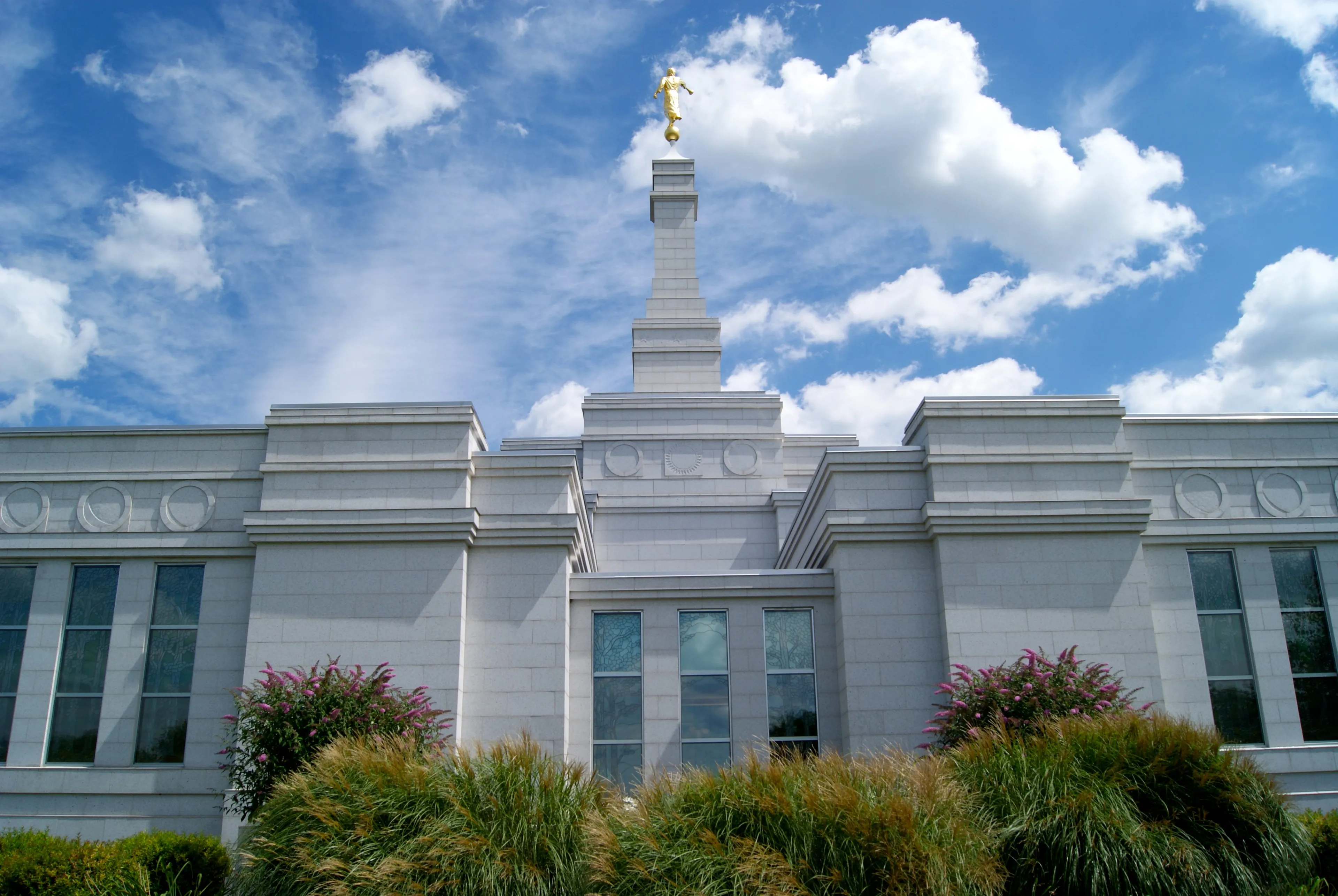 The Palmyra New York Temple windows, including scenery and the exterior of the temple.