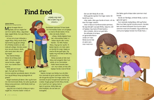 PDF-side med illustrationer af en pige, der krammer sin storesøster, og pigen, der sidder med sin mor ved morgenbordet og læser op fra et blad