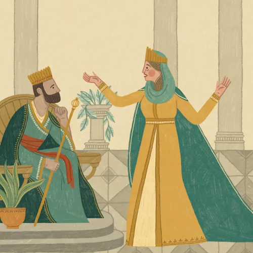 Esther standing before King Ahasuerus.