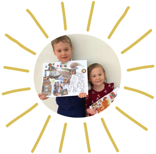 brother and sister holding up art of Jesus