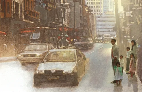 family crossing the street