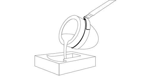 Illustration of a crucible with molten metal pouring into a mold