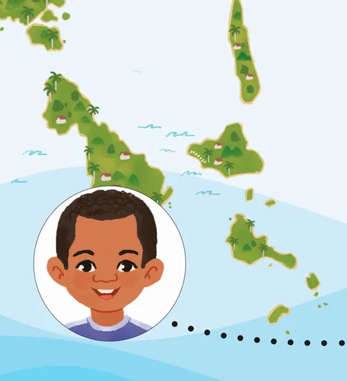 The face of a smiling boy in front of a map of Vanuatu