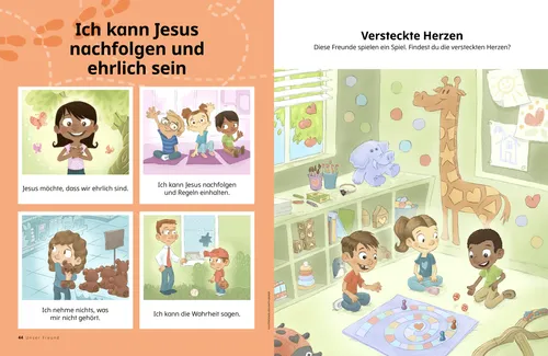 PDF: Ein lächelndes Mädchen, drei Kinder sitzen auf Matten und melden sich, ein Mädchen hält in einem Geschäft einen Teddybären an sich gedrückt, ein Junge spielt neben einem zerbrochenen Fenster Baseball; außerdem die Aktivität „Versteckte Herzen“
