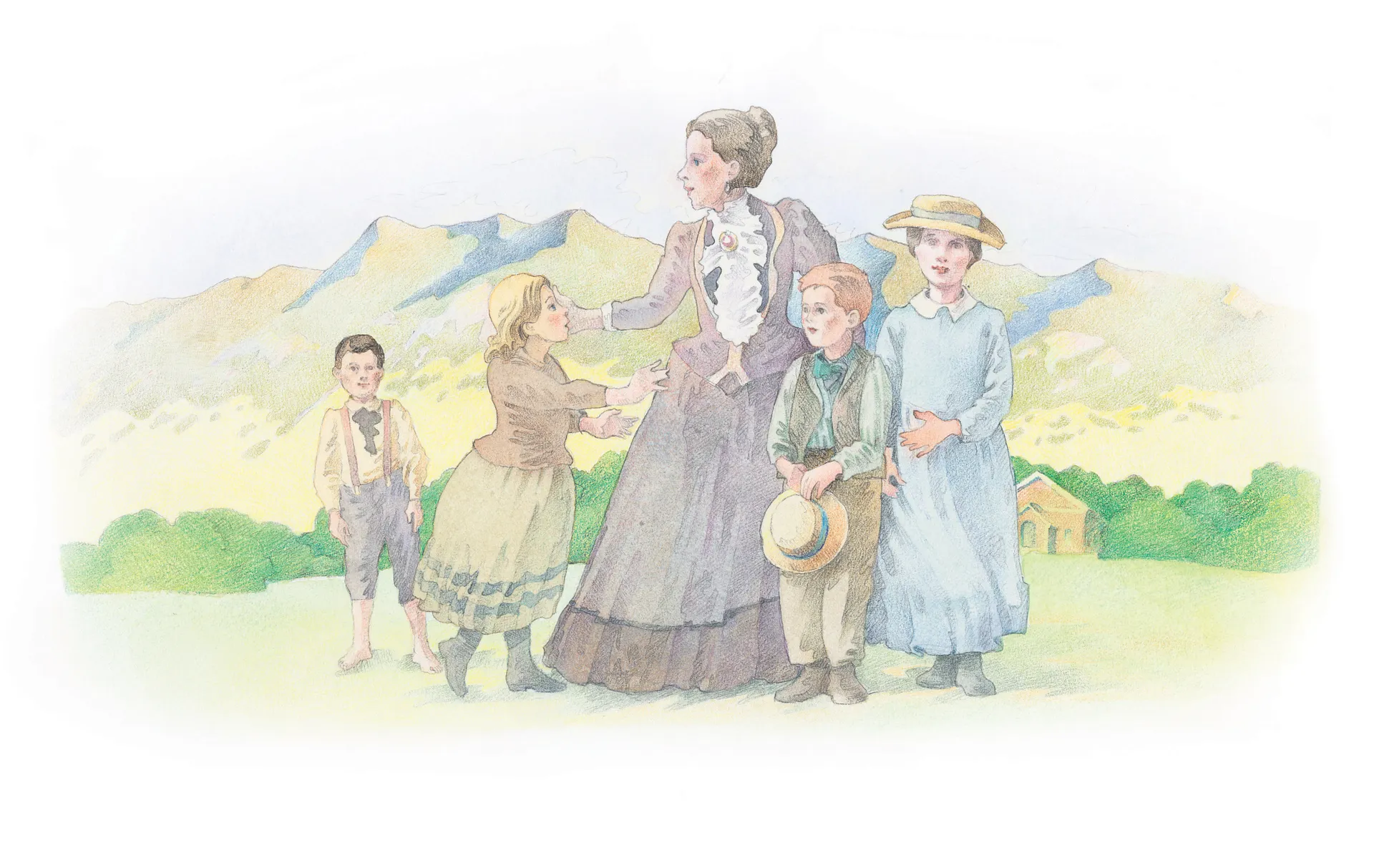 A woman and children in period dress standing together in a meadow. From the Children’s Songbook, page 256, “We Welcome You”; watercolor illustration by Richard Hull.