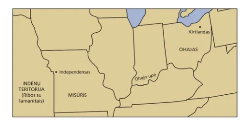 Kelio nuo Kirtlando iki Independenso žemėlapis