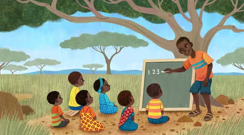 Man teaching children under tree