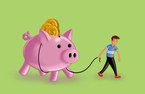 boy leading a piggy bank on a leash