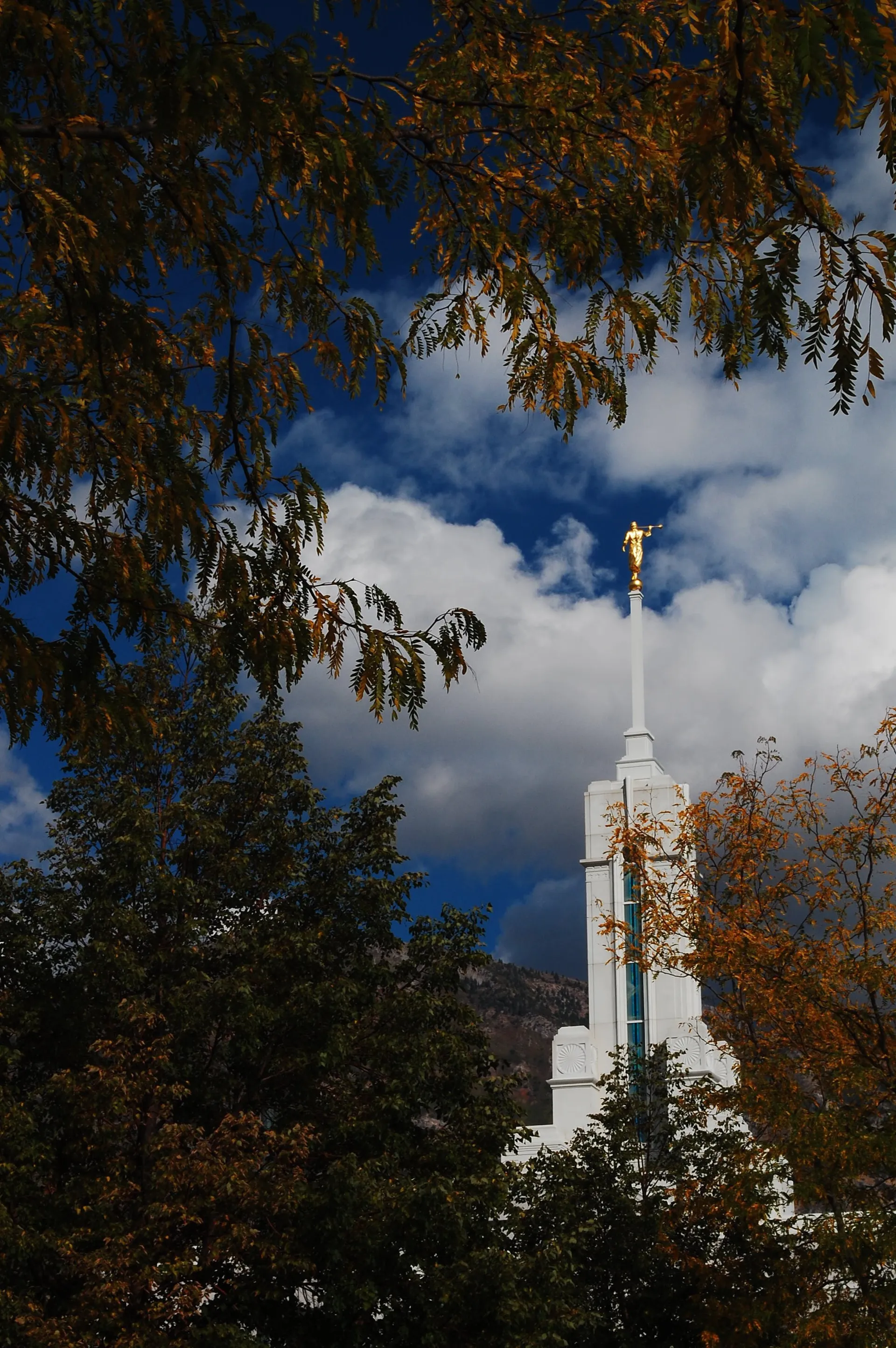 The Mount Timpanogos Utah Temple spire, including scenery.