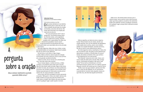 Página em PDF com ilustrações de uma menina acordada na cama, passando por armários na escola e ajoelhada em sua cama para orar