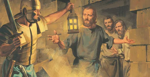 Apostles talking to guard