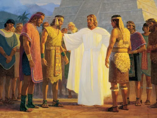 Cristo con los tres discípulos nefitas, por Gary L. Kapp; Las Bellas Artes del Evangelio 324; Juan 21:21–23; 3 Nefi 28