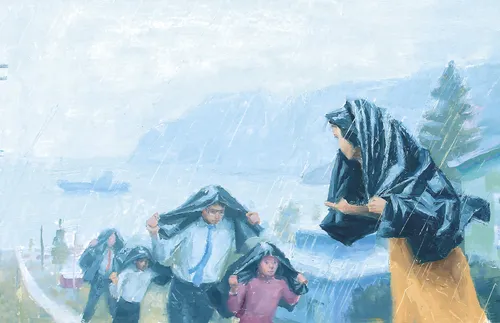 family walking to church in the rain