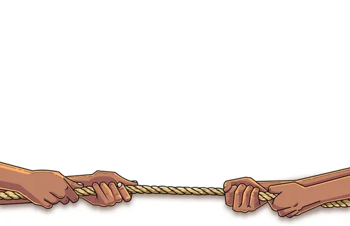 two sets of hands pulling on a rope in a tug-of-war