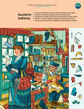 Piilokuvatehtävä, jossa näkyy nainen suutarinliikkeessä