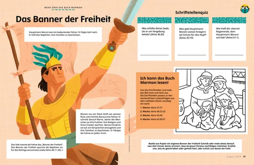 PDF: Hauptmann Moroni hält ein Schwert und das Banner der Freiheit in der Hand; Ausmalbild von einer betenden nephitischen Familie
