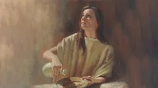 A painting by James Johnson showing a woman with long brown hair and a simple tunic, pouring oil into a small plate.