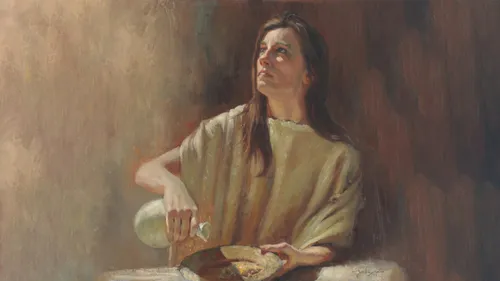 A painting by James Johnson showing a woman with long brown hair and a simple tunic, pouring oil into a small plate.