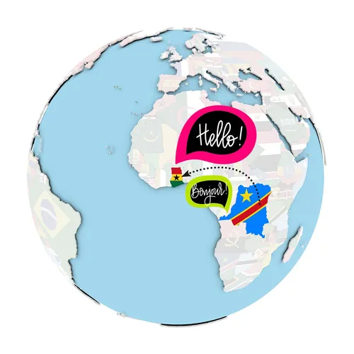 world globe with words in English and French