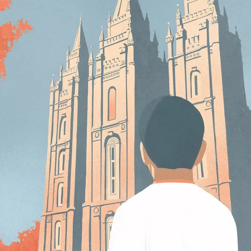 man looking up at Salt Lake Temple