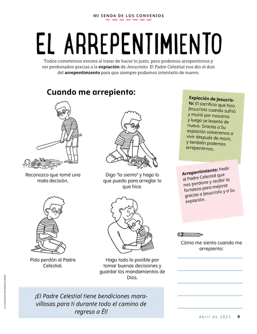 Página en PDF de un niño que sigue los pasos del arrepentimiento después de romper un jarrón; además de una actividad de escritura