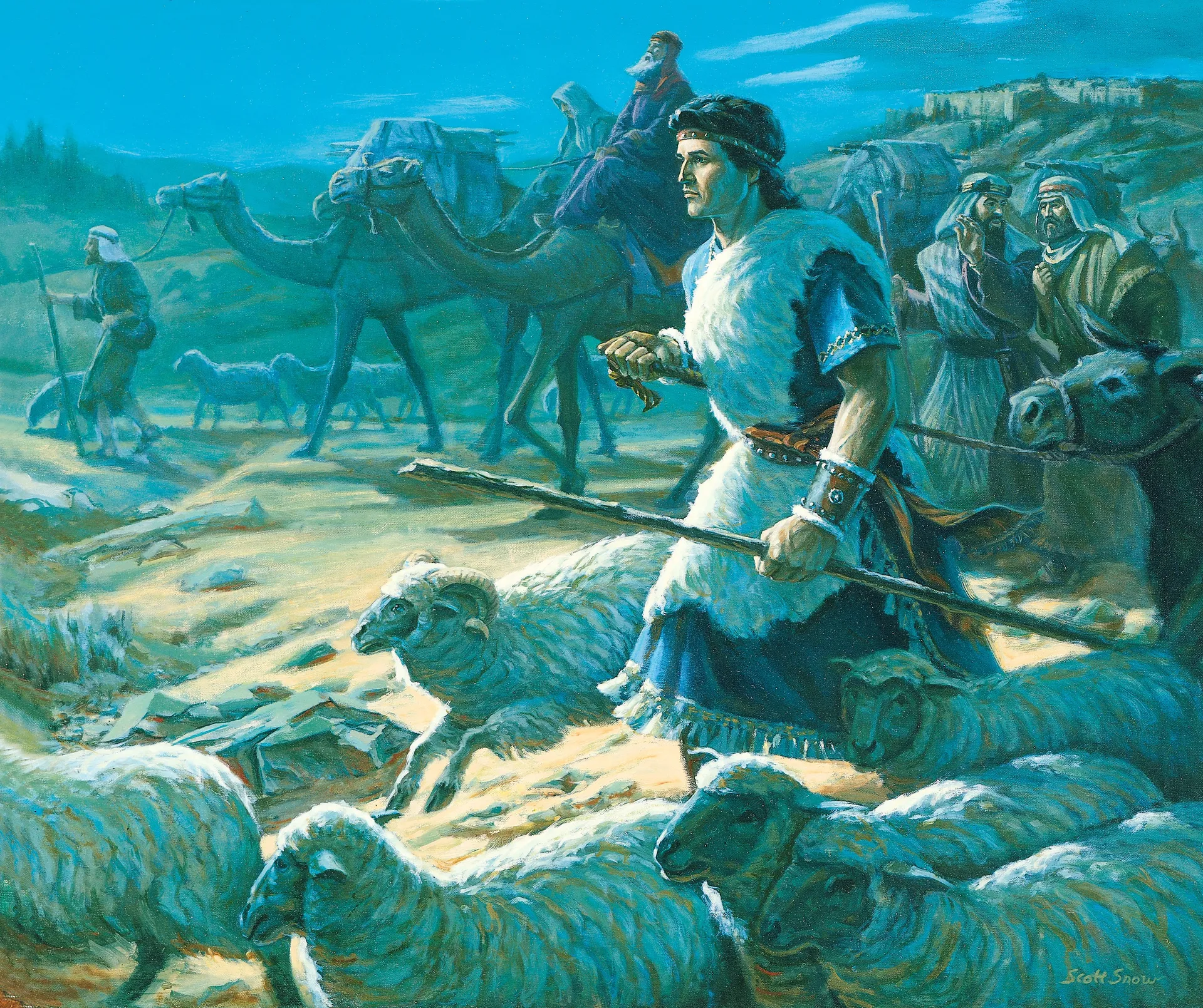 Lehi’s Family Leaving Jerusalem, by Scott Snow (62238); GAK 301; Primary manual 3-40; Primary manual 4-05; 1 Nephi 2:1–7