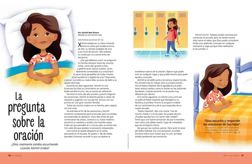 Página PDF con ilustraciones de una niña despierta en la cama, caminando junto a los casilleros de la escuela y arrodillándose junto a su cama para orar