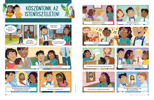 PDF-oldal: egy képregényszerű történet Margo és Paolo szereplésével, amely bemutatja, milyen istentiszteletre járni