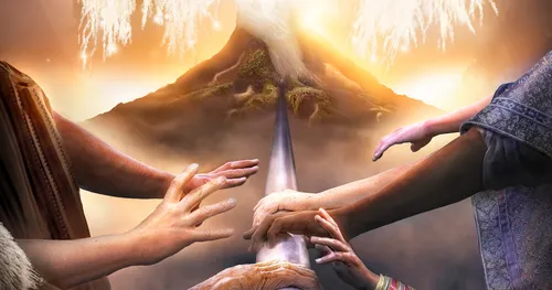 fólk heldur um járnstöngina sem leiðir að lífsins tré