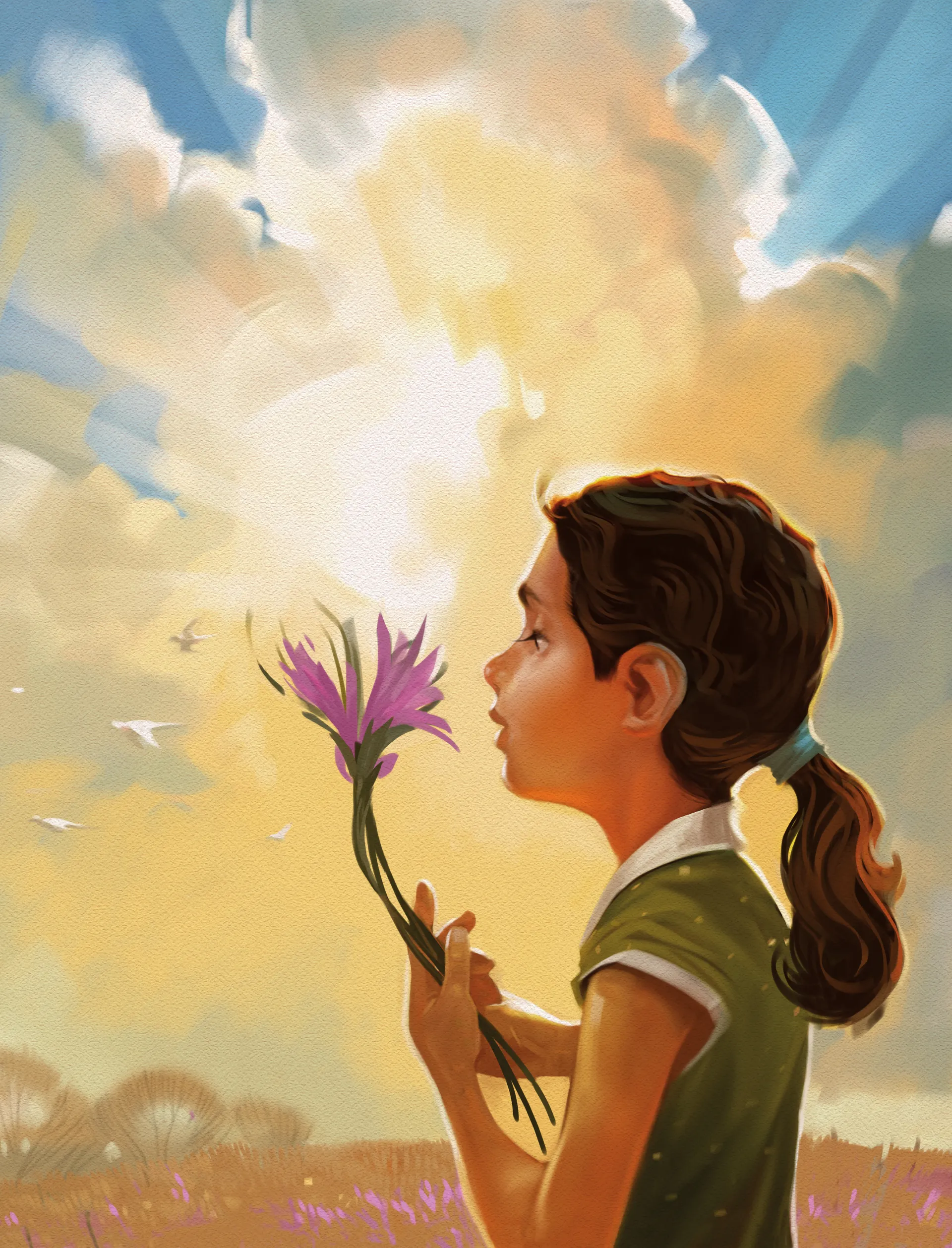 A girl picks purple wildflowers from a field and holds them up to look at them.